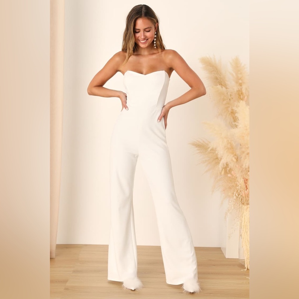Lulus-Fashionista Nights Ivory Strapless Bustier Wide-Leg Jumpsuit (medium)